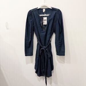 La Vie Long Sleeve Round Neck Tie Waist Denim Mini Dress Blue Women's Size L